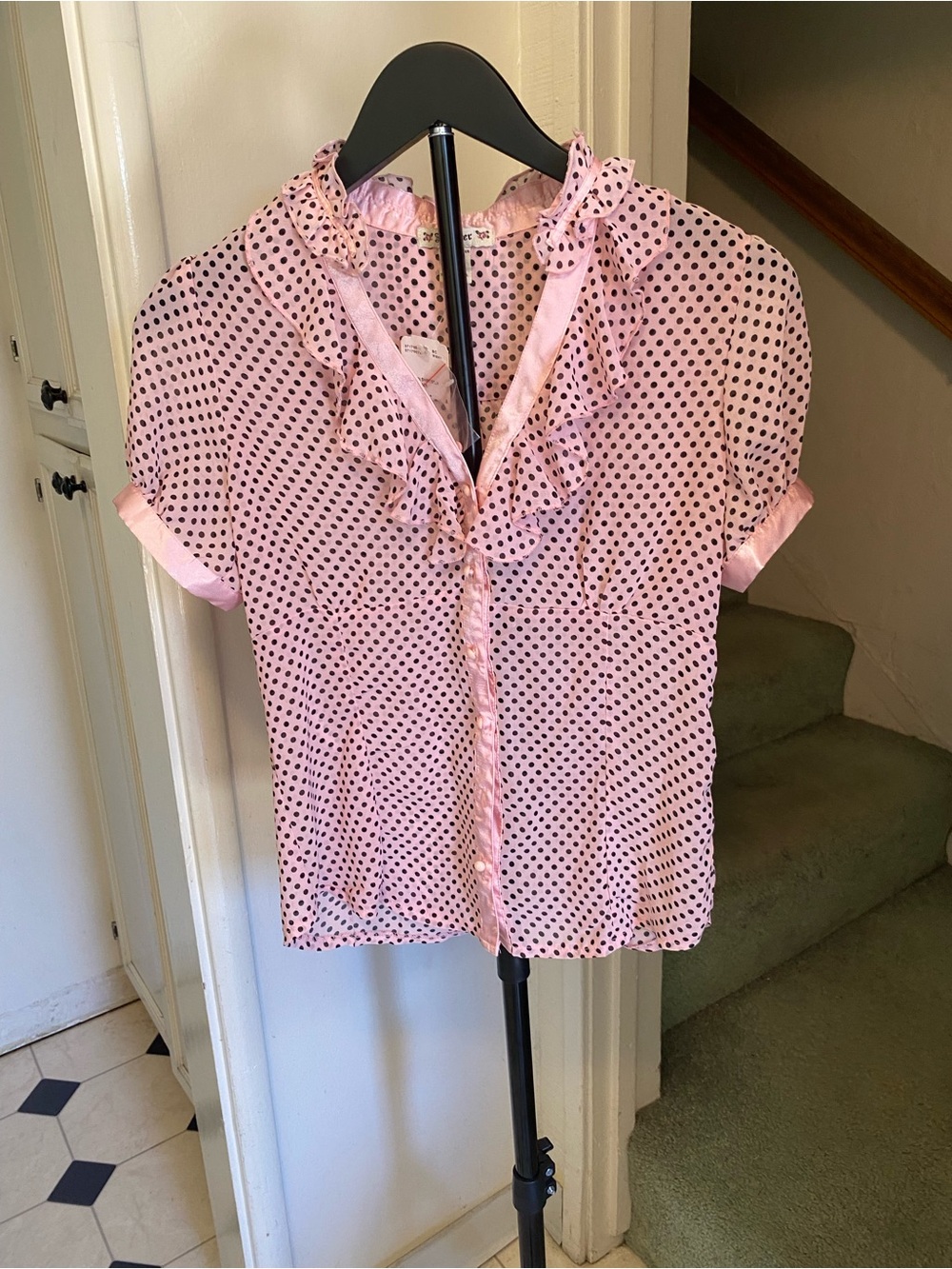 NWT Forever 21 Pink/Black Polka Dot Ruffle Button-Front Blouse,Size Medium